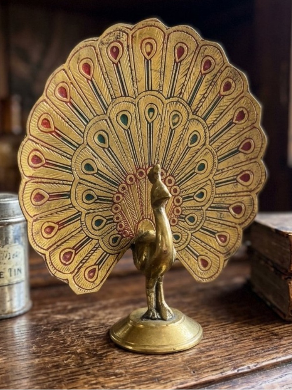 Vintage Brass Peacock Figurine with Etched Tail (4-Inch)